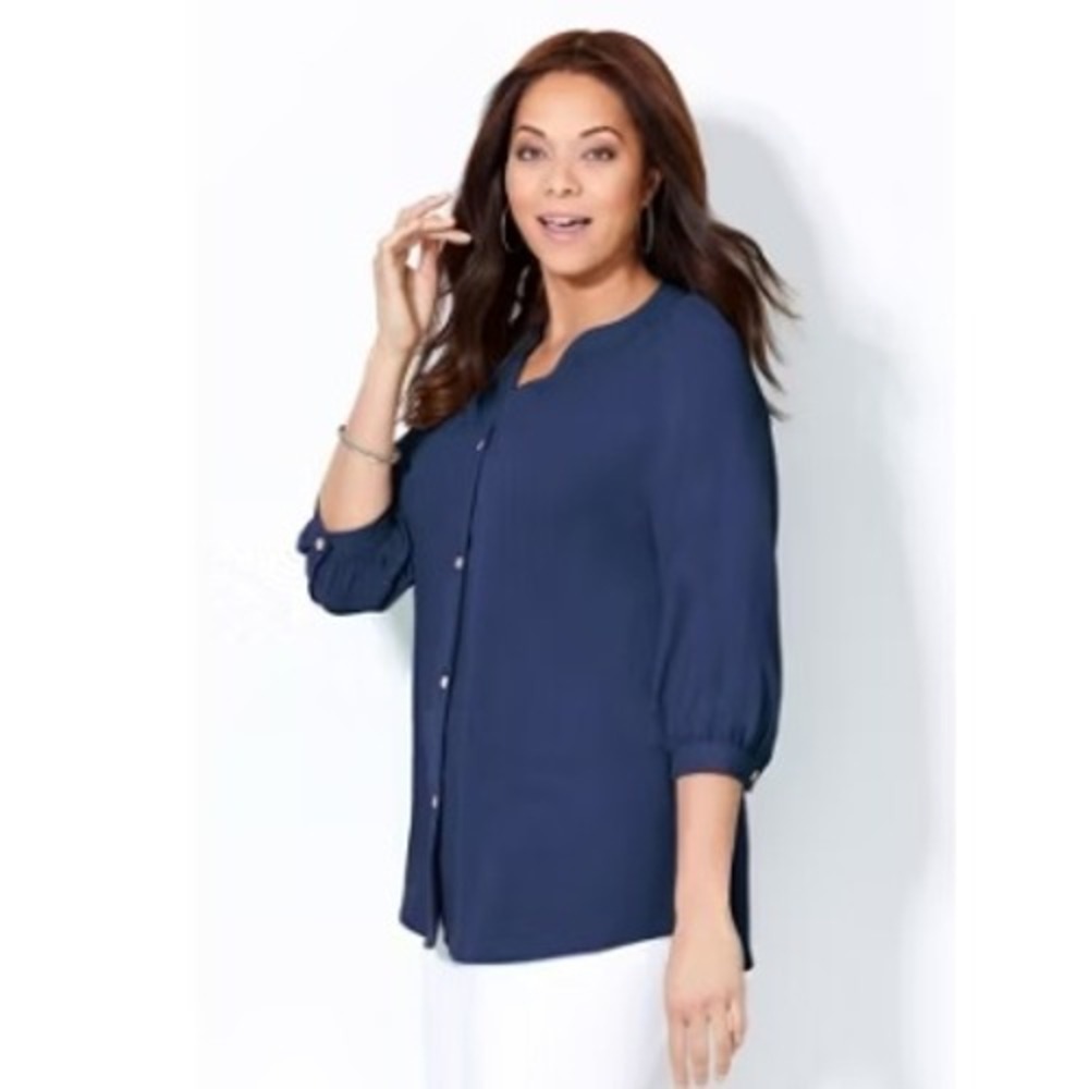 Catherines Y-Neck Blouse Women 4X Navy Blue 3/4 Sleeve Light Airy Button Up - Picture 2 of 6